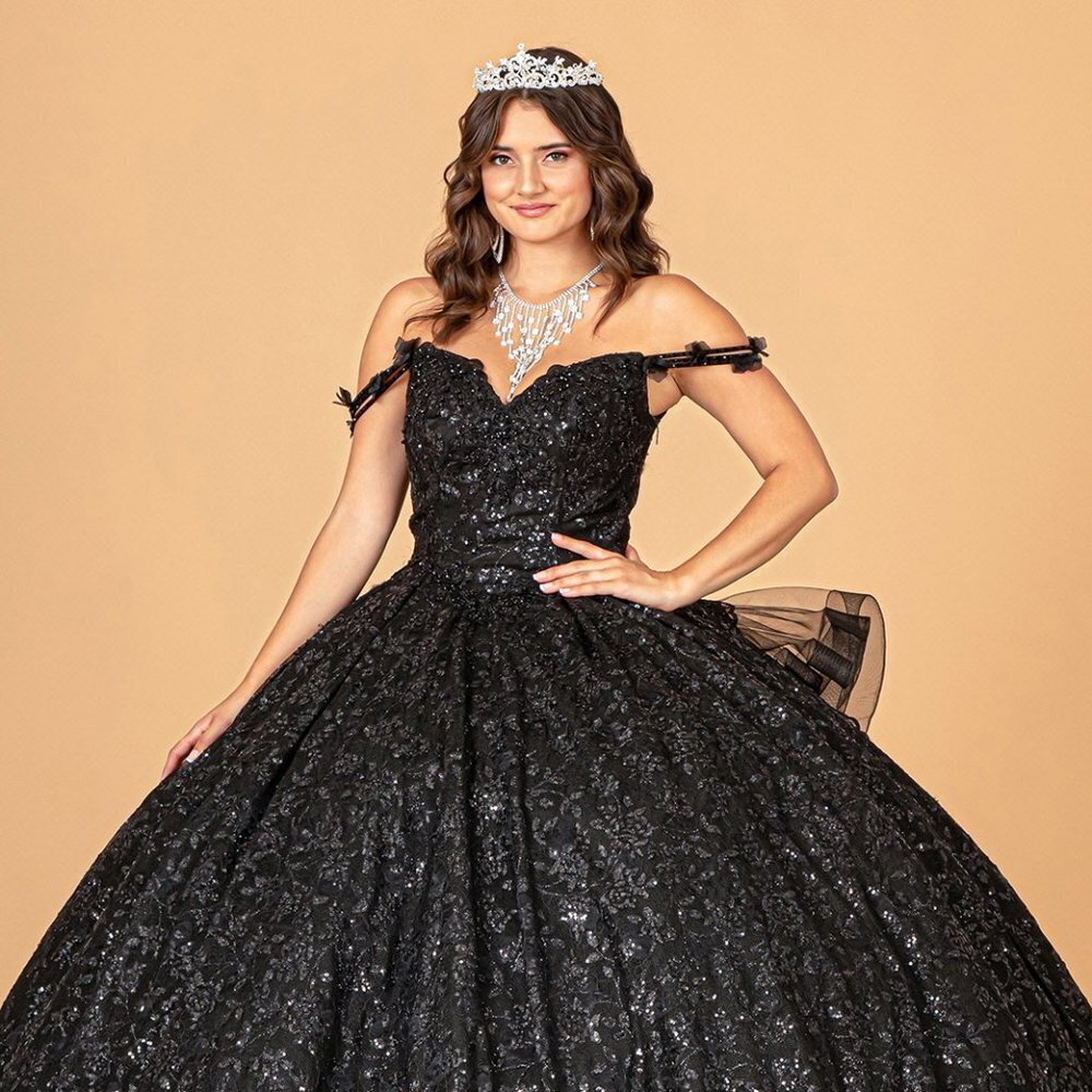 NEW BLACK DETACHABLE LONG SLEEVES QUINCEANERA AND RIBBON & RUFFLED TRAIN GL3072